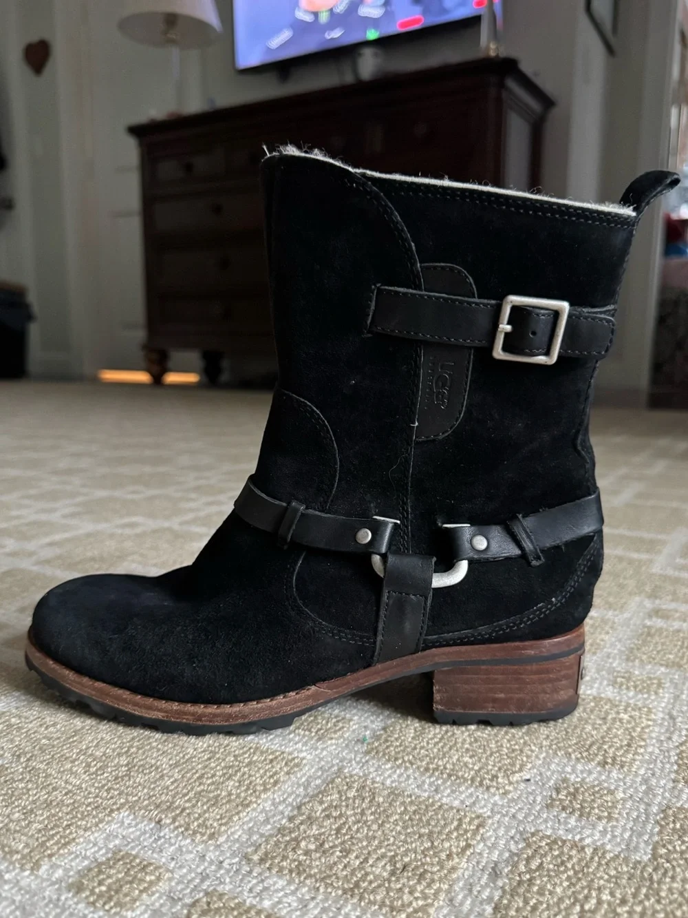 UGG Endell Suede Shearling Moto Biker Harness Boots Black Size 8